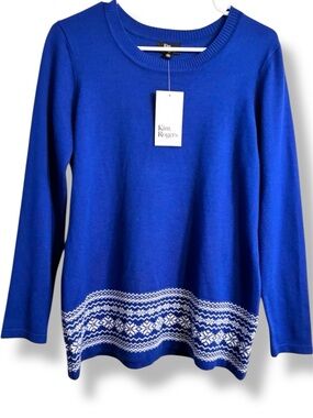 💙 NWT Kim Rogers Petite PS Blue Fair Isle Hem Sweater